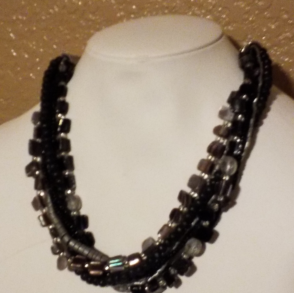 Boho layered Black/Grey Beaded Necklace